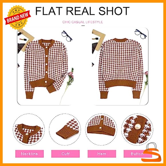 V-Neck Button Down Cardigan Sweater, Long Sleeve Plaid Knit, Relaxed Fit - Picture 5 of 7